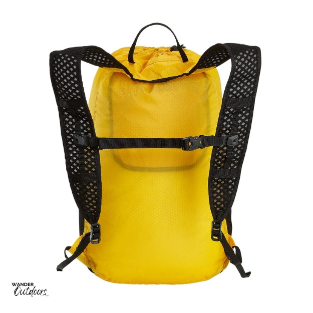 LiteSåk Pak | Ultralight Packable Waterproof Backpack in yellow, rear view of straps