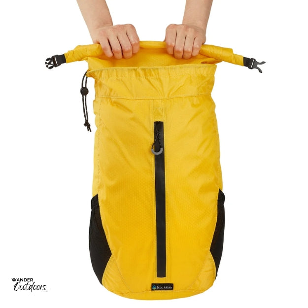 LiteSåk Pak | Ultralight Packable Waterproof Backpack in yellow, rolled down