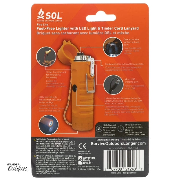 SOL Fire Liteβ’ Fuel-Free Lighter Packaging Back