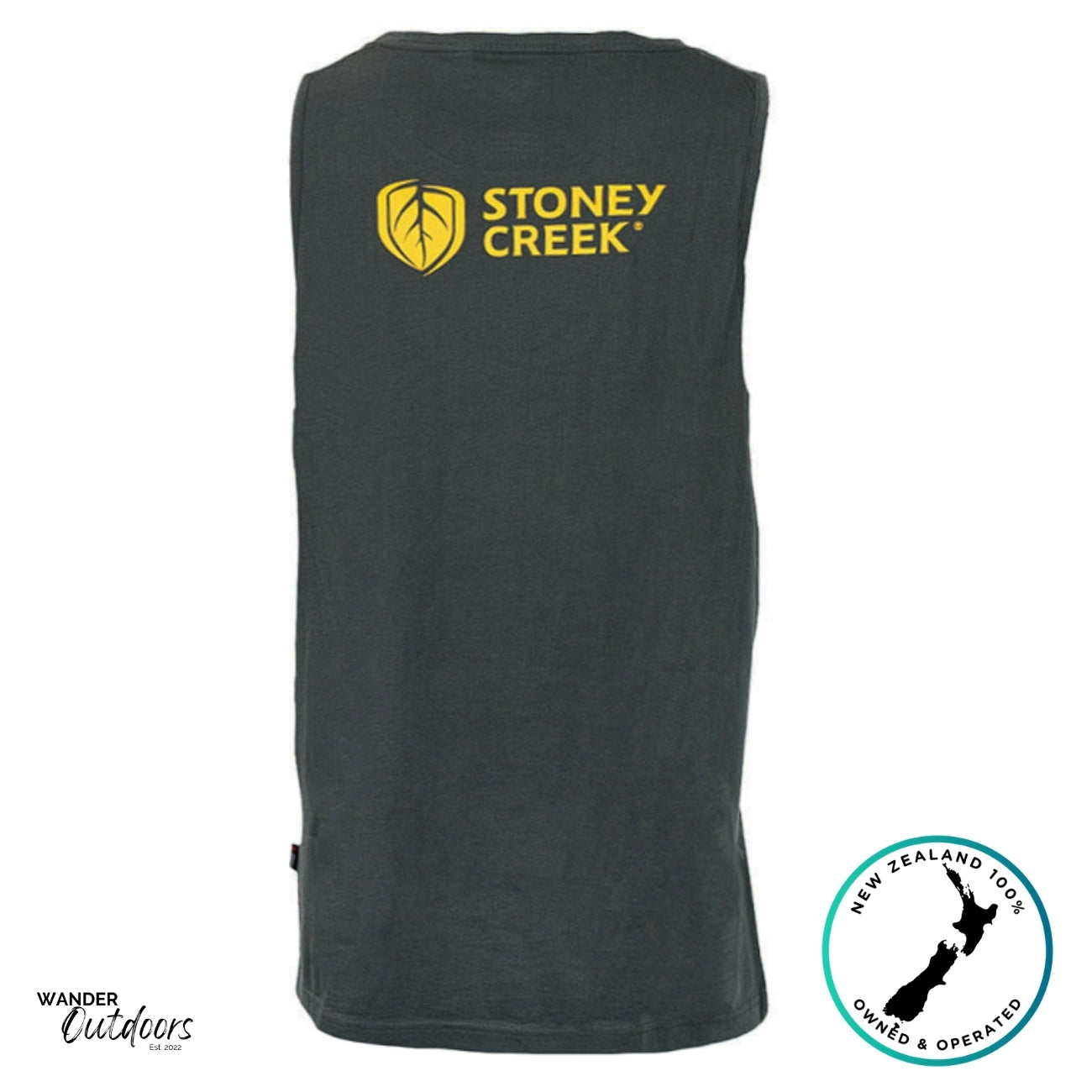 Stoney Creek Brand Singlet back view featuring bold yellow logo on charcoal cotton fabric.