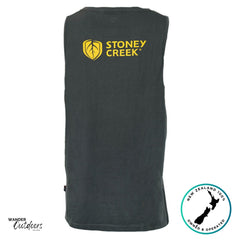 Stoney Creek Brand Singlet back view featuring bold yellow logo on charcoal cotton fabric.