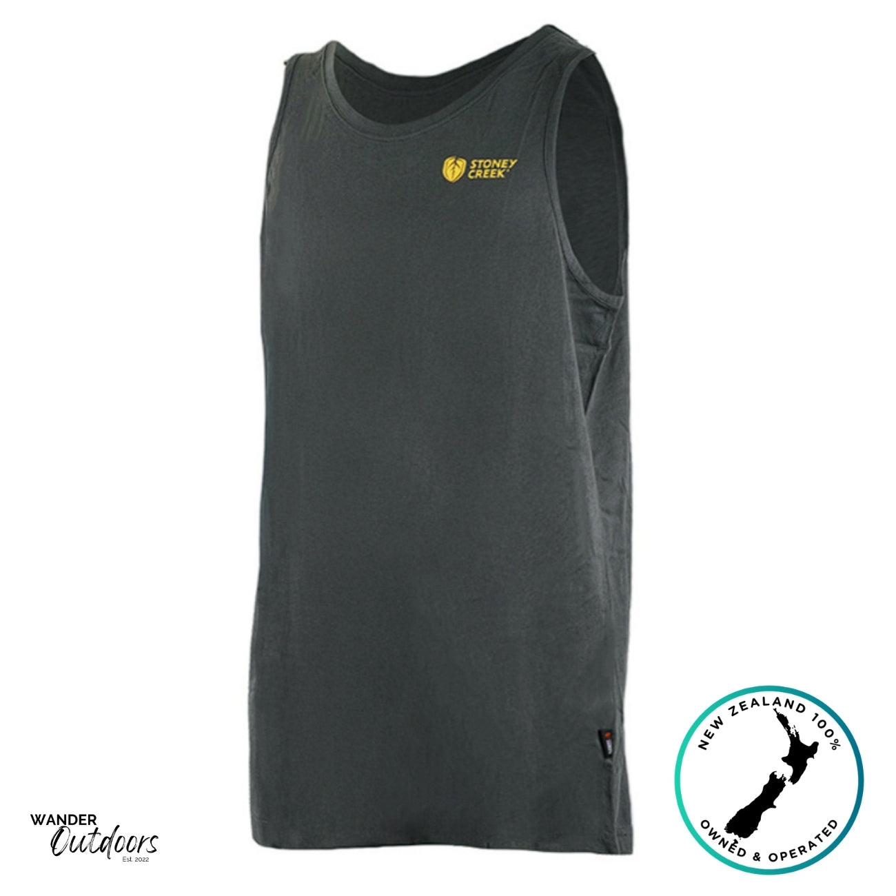 Stoney Creek Brand Singlet front view with small yellow chest logo on soft charcoal cotton, perfect for summer wear.