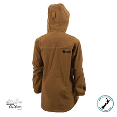 Brown jacket with a visible brand logo on the back against a white background