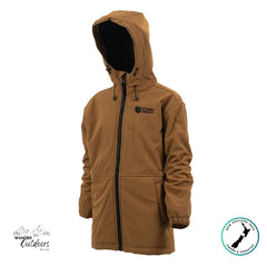 Brown hooded jacket with black zipper on a white background