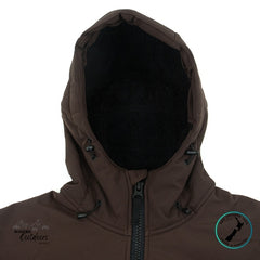 Brown hooded jacket with a visible brand logo on a white background
