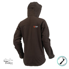 Brown jacket with a visible brand logo on the back against a white background