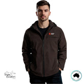 Man wearing a brown jacket with a logo on a white background