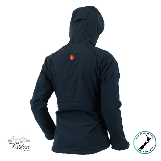 Black jacket with a red logo on the back, displayed against a white background.