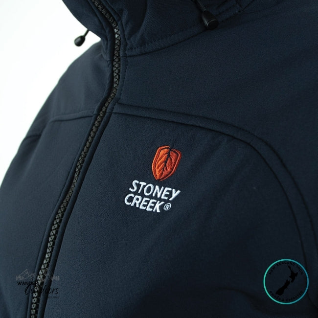 Navy blue jacket with Stoney Creek logo on a light gray background