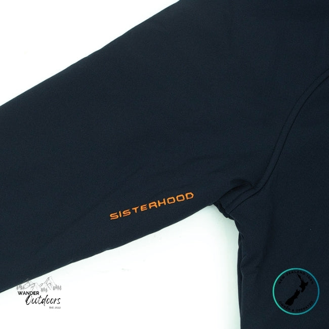 Blue Jacket Sleeve close up with 'Sisterhood' text on a white background