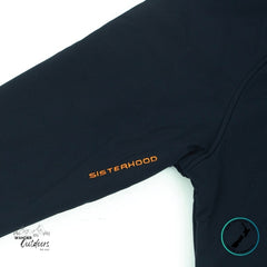 Blue Jacket Sleeve close up with 'Sisterhood' text on a white background