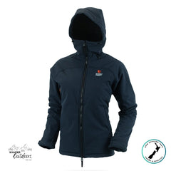 Dark blue hooded jacket with a brand logo on a white background