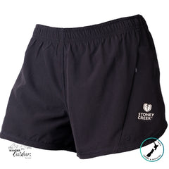 Black shorts with a visible brand logo on a white background