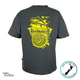 Stoney Creek Yellow Fin Bust Up Tee back view showing bright yellow tuna graphic print on dark charcoal cotton fabric.