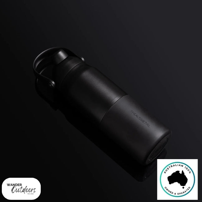The Aussie Pal 1L Insulated Hydro Jug Water Bottle in black flat lay
