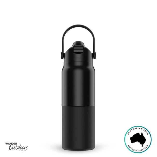 The Aussie Pal 1L Insulated Hydro Jug Water Bottle in black with handle facing upwards