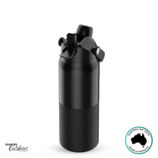 The Aussie Pal 1L Insulated Hydro Jug Water Bottle in black with sip lid open