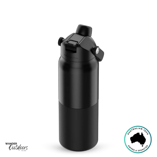 The Aussie Pal 1L Insulated Hydro Jug Water Bottle in black with dual lid closed