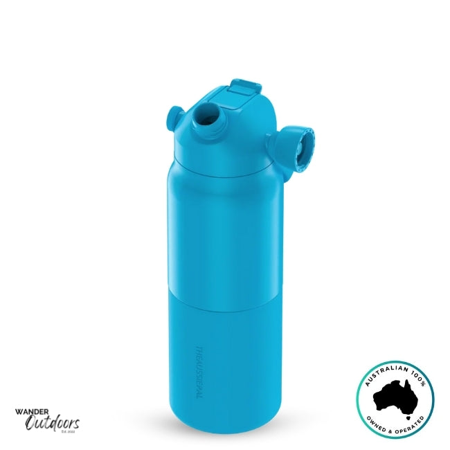 The Aussie Pal 1L Insulated Hydro Jug Water Bottle in blue with chug lid open and lid magnetic to the side
