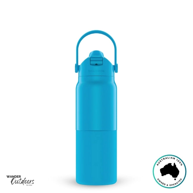 The Aussie Pal 1L Insulated Hydro Jug Water Bottle in blue with handle upwards