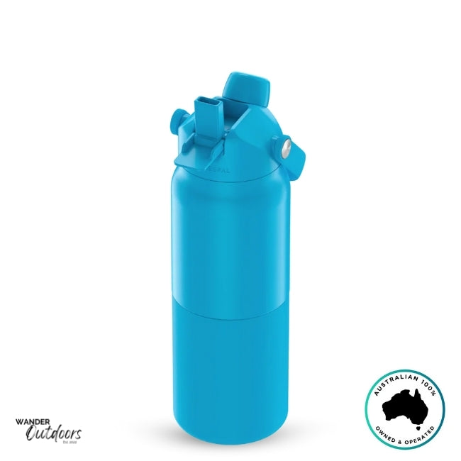The Aussie Pal 1L Insulated Hydro Jug Water Bottle in blue with sip lid open