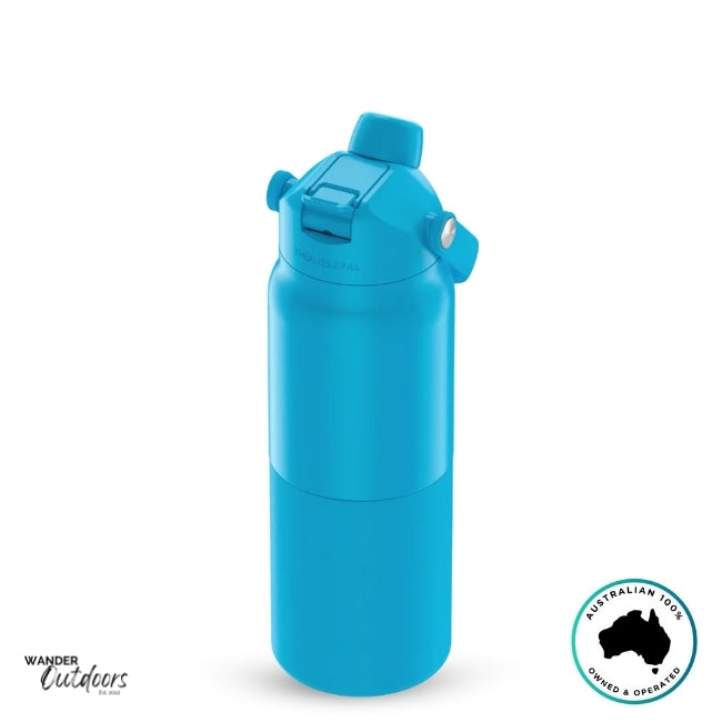 The Aussie Pal 1L Insulated Hydro Jug Water Bottle in blue with dual lid closed
