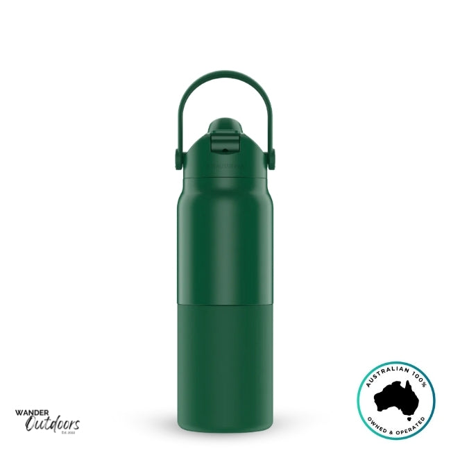 The Aussie Pal 1L Insulated Hydro Jug Water Bottle in green with handle up