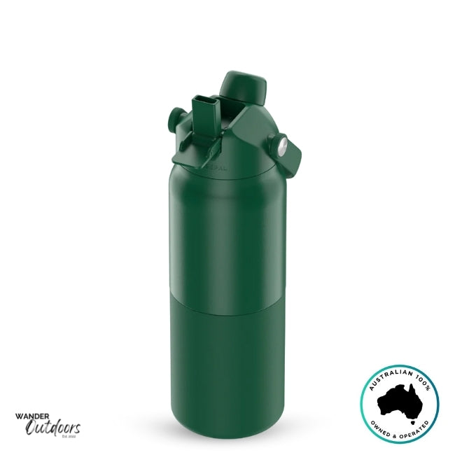 The Aussie Pal 1L Insulated Hydro Jug Water Bottle in green with sip lid open