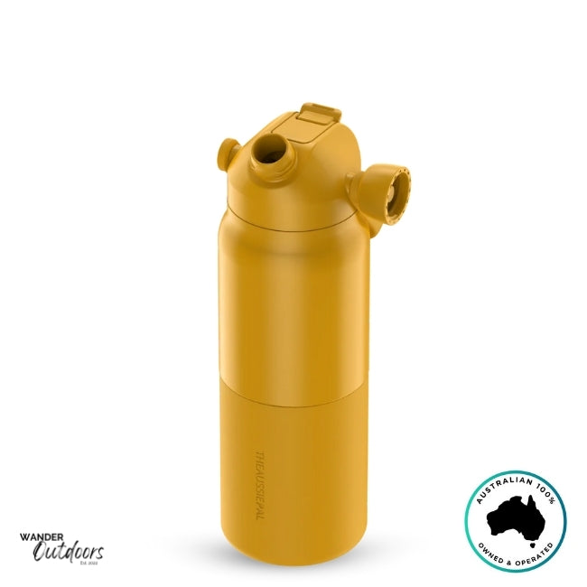 The Aussie Pal 1L Insulated Hydro Jug Water Bottle in mango with chug lid open and magnet to the side