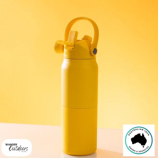 The Aussie Pal 1L Insulated Hydro Jug Water Bottle in mango product shoot with sip and chug lids open