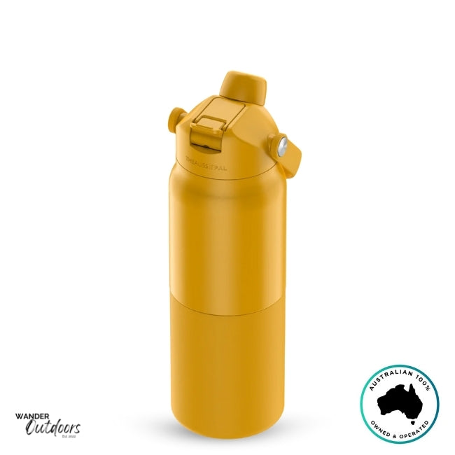 The Aussie Pal 1L Insulated Hydro Jug Water Bottle in mango with dual lid closed