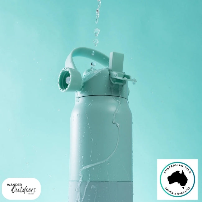 The Aussie Pal 1L Insulated Hydro Jug Water Bottle in Mint product shoot with both lid options open