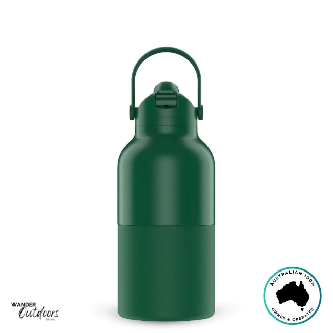 The Aussie Pal 2L Insulated Hydro Jug Water Bottle in Green with handle facing upwards