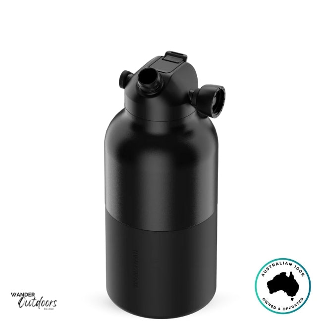The Aussie Pal 2L Insulated Hydro Jug Water Bottle in Black with chug lid open
