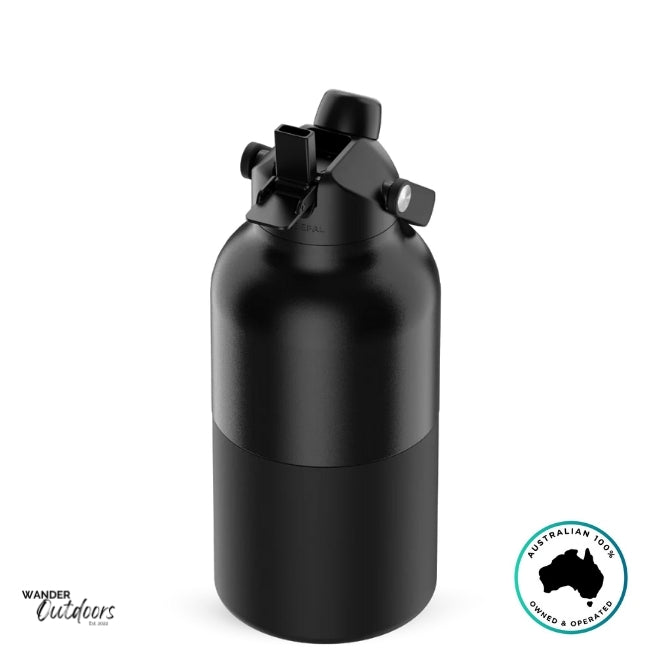 The Aussie Pal 2L Insulated Hydro Jug Water Bottle in Black with sip lid open