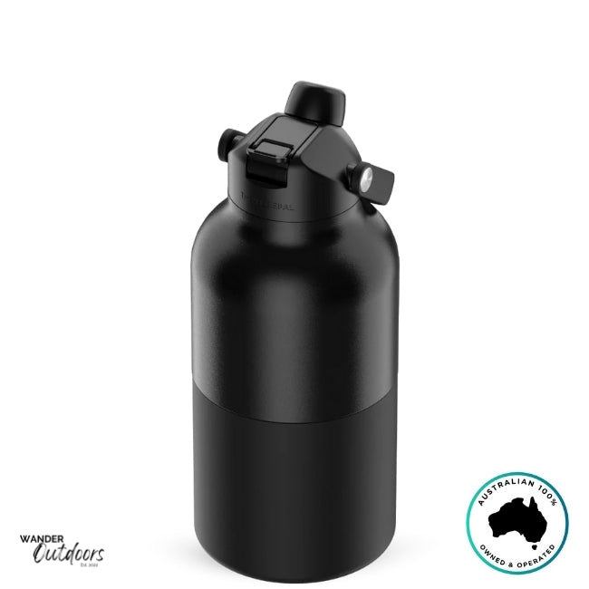The Aussie Pal 2L Insulated Hydro Jug Water Bottle in Black with dual lid closed