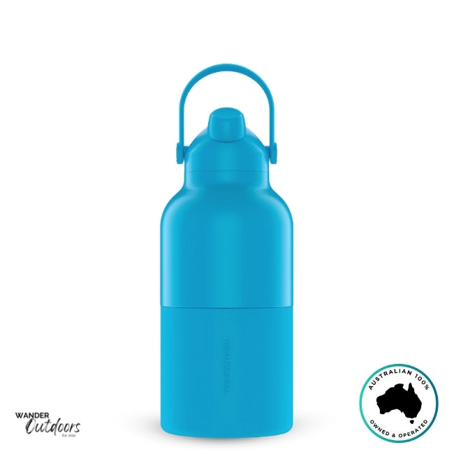 The Aussie Pal 2L Insulated Hydro Jug Water Bottle in Blue with handle facing upwards