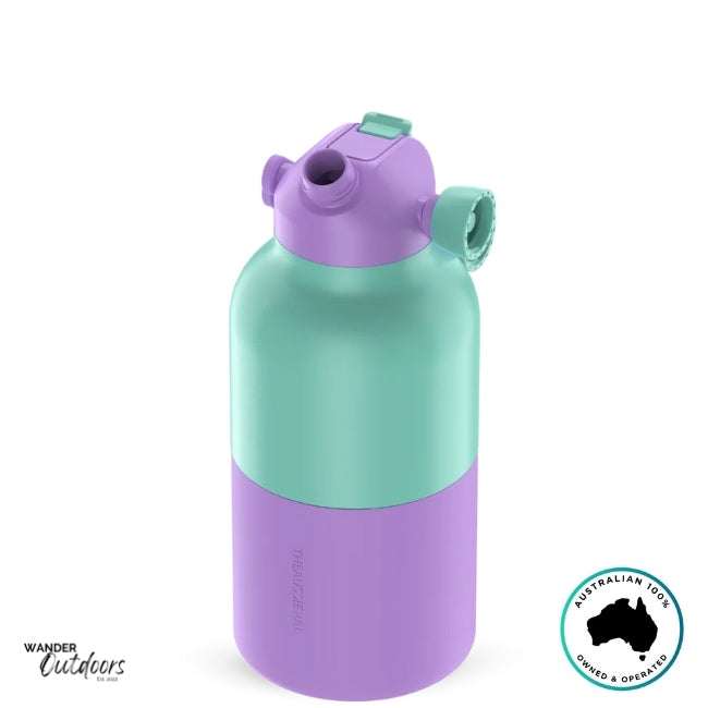 The Aussie Pal 2L Insulated Hydro Jug Water Bottle in Lavender Breeze with chug lid open