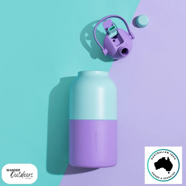 The Aussie Pal 2L Insulated Hydro Jug Water Bottle in Lavender Breeze flat lay with dual lid removed and open