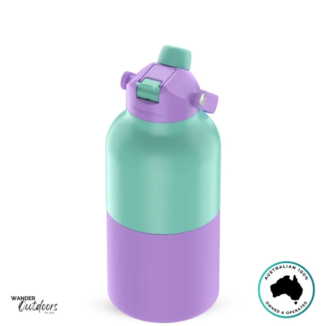 The Aussie Pal 2L Insulated Hydro Jug Water Bottle in Lavender Breeze with dual lid closed