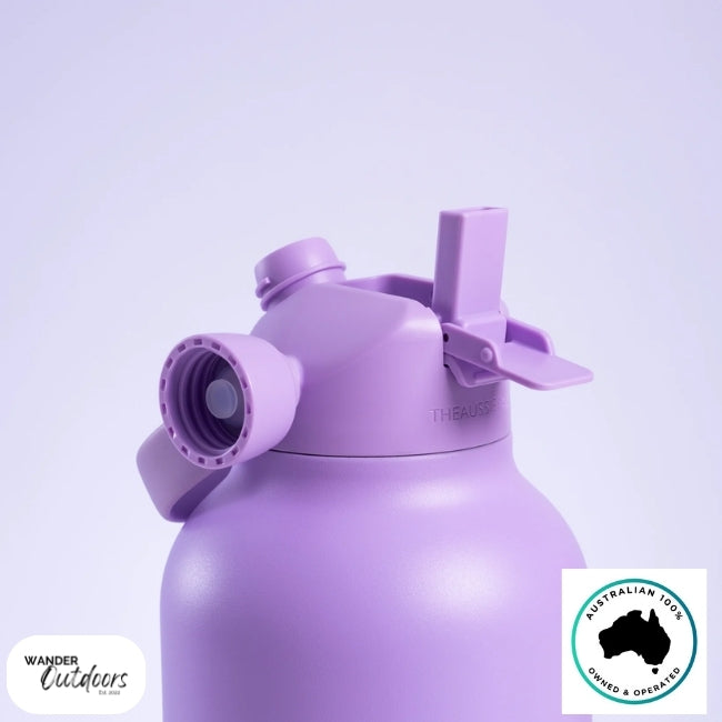 The Aussie Pal 2L Insulated Hydro Jug Water Bottle in Lavender close up of the dual lid