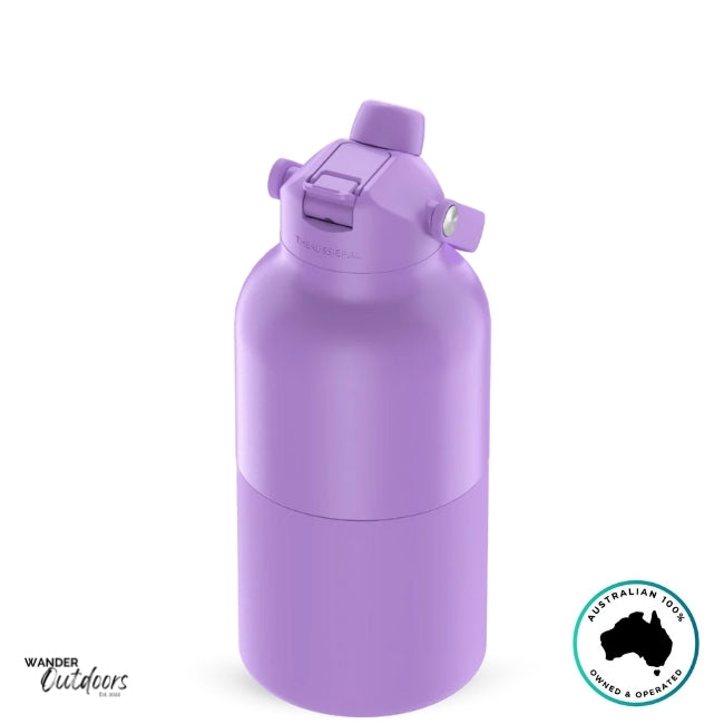 The Aussie Pal 2L Insulated Hydro Jug Water Bottle in Lavender with dual lid closed