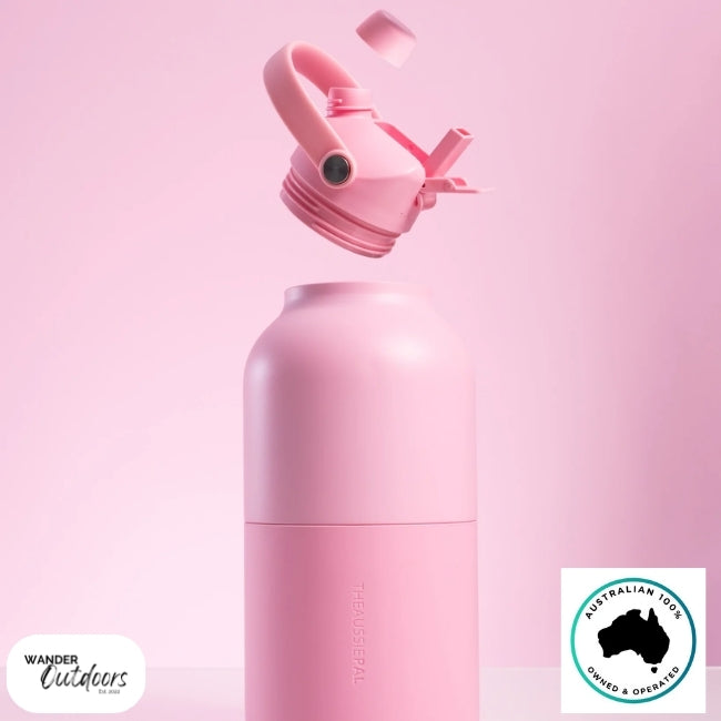 The Aussie Pal 2L Insulated Hydro Jug Water Bottle in Pink with dual lid open and removed