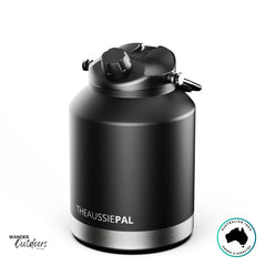 The Aussie Pal 4L Insulated Hydro Jug in matte black with stainless steel base, designed for rugged outdoor use.