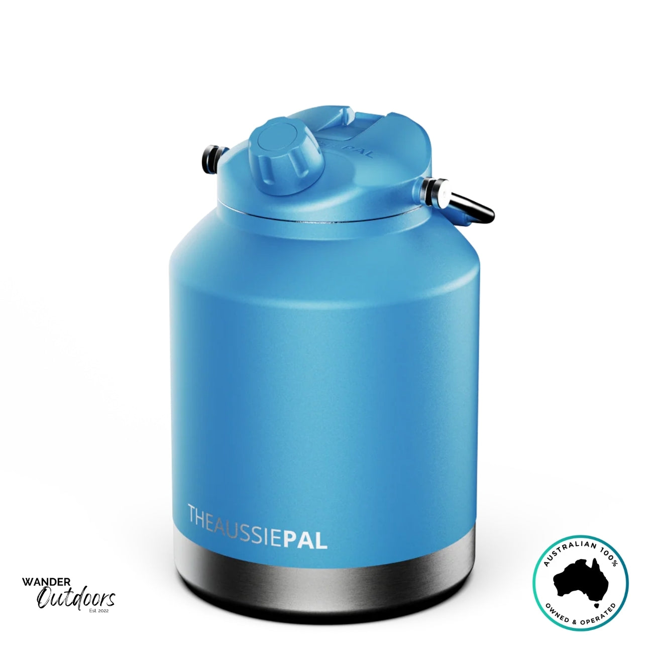 The Aussie Pal 4L Insulated Hydro Jug in ocean blue, stainless steel base, and matte finish for outdoor use.