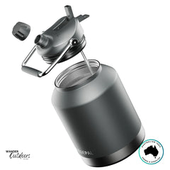 Charcoal 4L Aussie Pal Hydro Jug with lid removed, revealing wide mouth opening and durable stainless interior.
