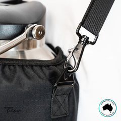 Close-up of detachable strap clip and reinforced stitching on The Aussie Pal 6L Hydro Jug Sling for durability.