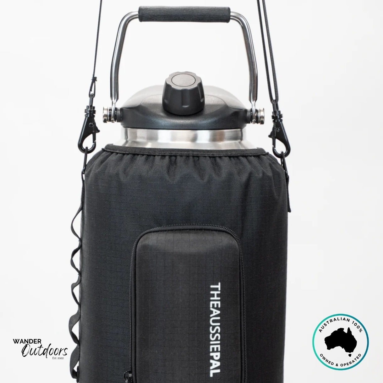 Front view of The Aussie Pal 6L Hydro Jug Sling showing βTHEAUSSIEPALβ logo and full protective cover design.