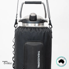 Front view of The Aussie Pal 6L Hydro Jug Sling showing βTHEAUSSIEPALβ logo and full protective cover design.