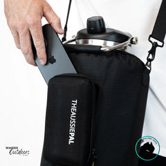 The Aussie Pal 6L Hydro Jug Sling in black featuring external zip pocket designed to fit a smartphone or accessories.